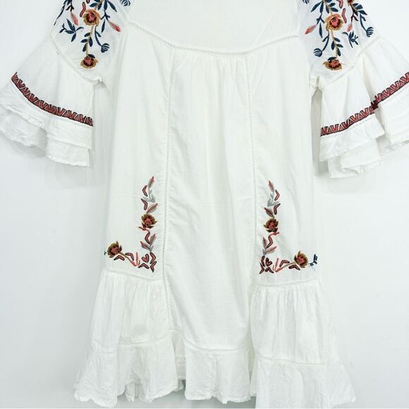 Free People PAVLO White Flutter Orange Floral Embroidered Boho Chic Mini Dress - Picture 14 of 16